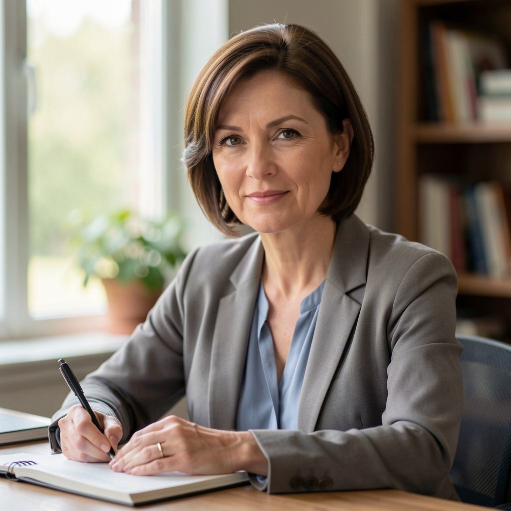 Portrait of a woman in her mid-forties with short brown hair, photographed at a writing desk in natural window light, editorial style