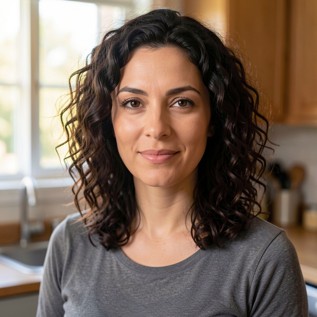 Portrait of a woman in her thirties with dark curly hair, photographed in a kitchen environment with morning light coming through a window behind her
