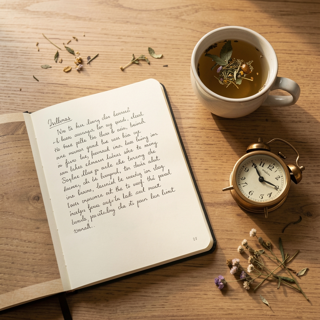 Flat-lay of a wellness journal open to a page of handwritten notes, a cup of herbal tea, and a small bedside clock on a wooden surface with soft morning light