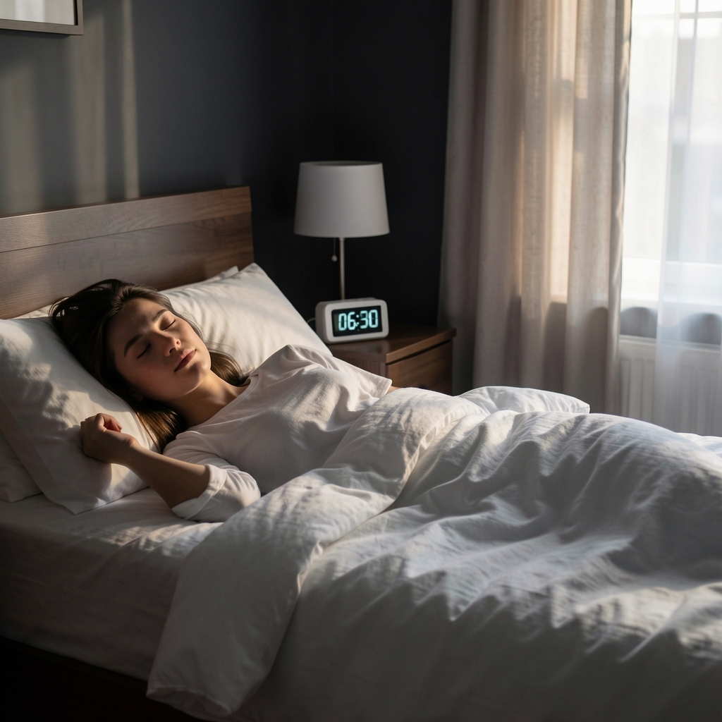 Person lying in a darkened bedroom with soft morning light entering through half-open curtains, white bedding visible, a digital alarm clock reading 06:30 on the nightstand