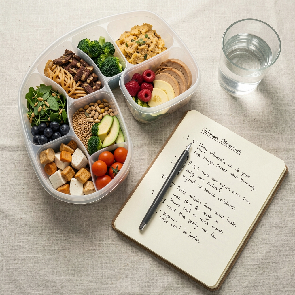 Overhead view of a meal-prep counter with portioned containers of wholesome food, a notebook with handwritten nutrition observations, and a glass of water on a pale linen surface