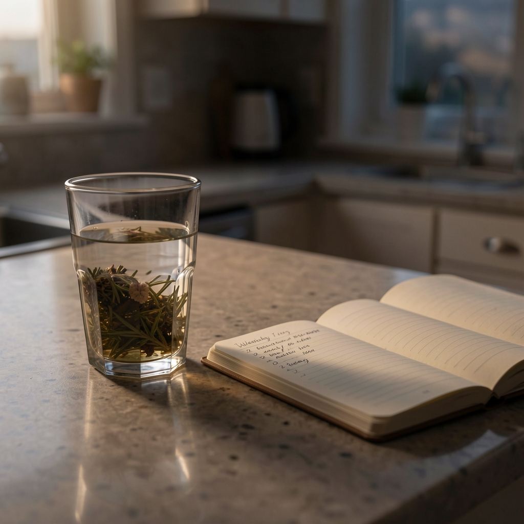 Dimly lit kitchen counter at evening with a simple glass of water and herbal infusion beside a small journal open to a handwritten weekly log