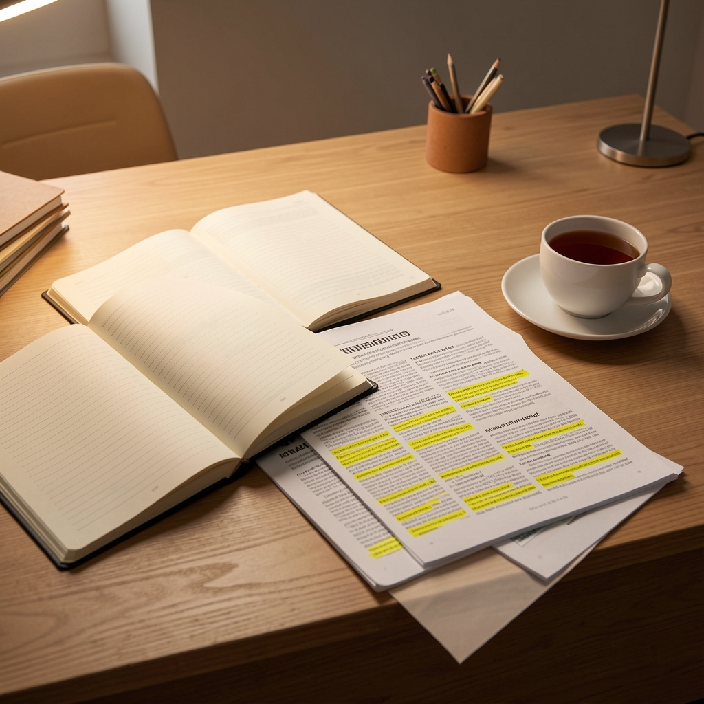Editorial desk with open notebooks, printed journal articles with yellow highlighter marks, and a cup of tea in a quiet workspace under warm studio lighting